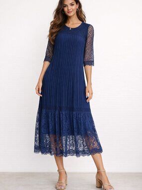 Elegantly pleated lace navy blue midi summer dress